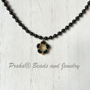Large Black Czech Glass Hibiscus Necklace with Swarovski Crystal Pearls