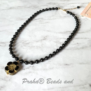 Large Black Czech Glass Hibiscus Necklace with Swarovski Crystal Pearls