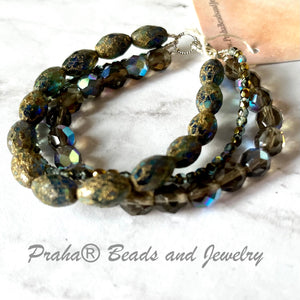 Czech Glass Multi-Strand Bracelet of Sapphire Blue, Gray and Bronze in Sterling Silver