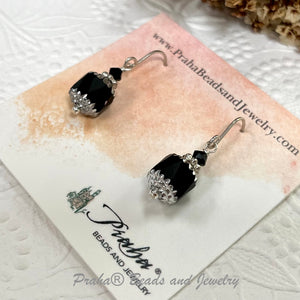 Czech Glass Black and Silver Cathedral Earrings in Sterling Silver