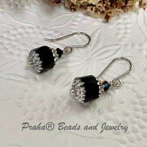 Czech Glass Black and Silver Cathedral Earrings in Sterling Silver