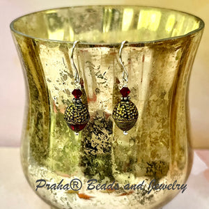 Czech Glass Red Acorn Earrings in Sterling Silver