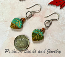 Load image into Gallery viewer, Czech Glass Blue and Gold Leaf Earrings in Sterling Silver
