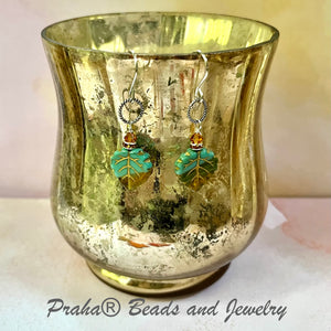Czech Glass Blue and Gold Leaf Earrings in Sterling Silver
