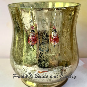 Czech "Bohemian" Pink Glass Foil Teardrop Earrings in Sterling Silver