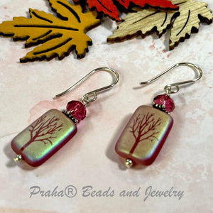 Czech Matte Ruby AB Etched Tree of Life Earrings in Sterling Silver