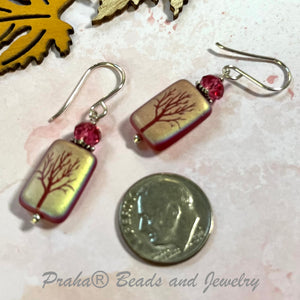 Czech Matte Ruby AB Etched Tree of Life Earrings in Sterling Silver