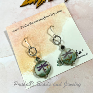 Czech White and Teal Coin Dragonfly Earrings in Sterling Silver