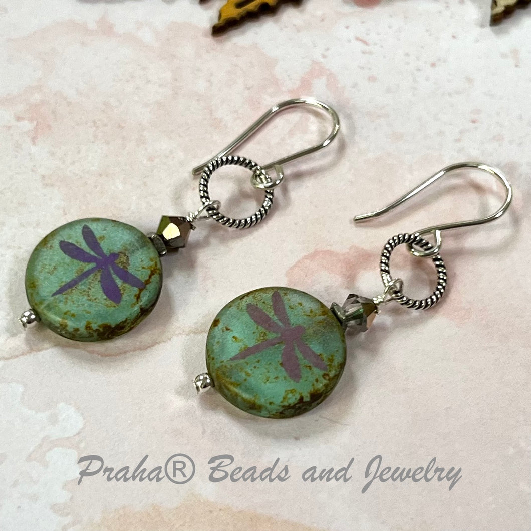 Czech White and Teal Coin Dragonfly Earrings in Sterling Silver
