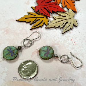 Czech White and Teal Coin Dragonfly Earrings in Sterling Silver