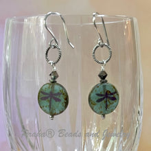 Load image into Gallery viewer, Czech White and Teal Coin Dragonfly Earrings in Sterling Silver
