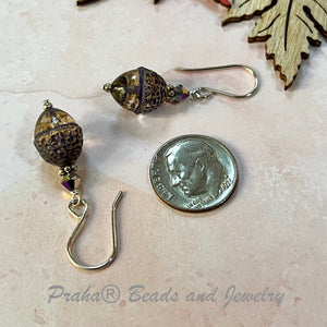 Czech Glass Beige and Purple Acorn Earrings in Sterling Silver