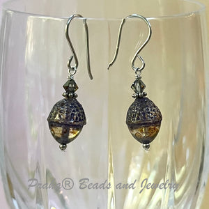 Czech Glass Beige and Purple Acorn Earrings in Sterling Silver