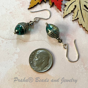 Czech Glass Sea Foam Green and Gold Acorn Earrings in Sterling Silver