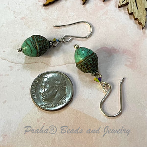 Czech Glass Sea Foam Green Acorn Earrings in Sterling Silver