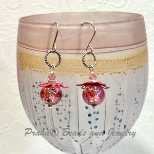 Funky Vintage Czech Lampwork Glass Pink Foil Earrings in Sterling Silver