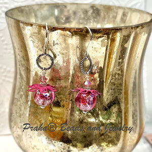 Funky Vintage Czech Lampwork Glass Pink Foil Earrings in Sterling Silver