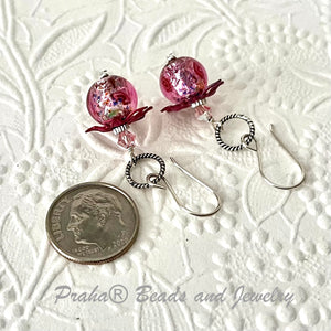 Funky Vintage Czech Lampwork Glass Pink Foil Earrings in Sterling Silver