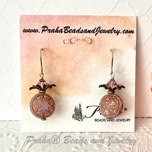 Czech Glass Pink Opaline and Copper Ishtar Coin Bead Earrings in Sterling Silver