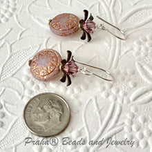 Load image into Gallery viewer, Czech Glass Pink Opaline and Copper Ishtar Coin Bead Earrings in Sterling Silver
