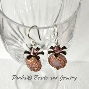 Czech Glass Pink Opaline and Copper Ishtar Coin Bead Earrings in Sterling Silver