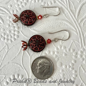 Czech Glass Red Ishtar Coin Earrings in Sterling Silver
