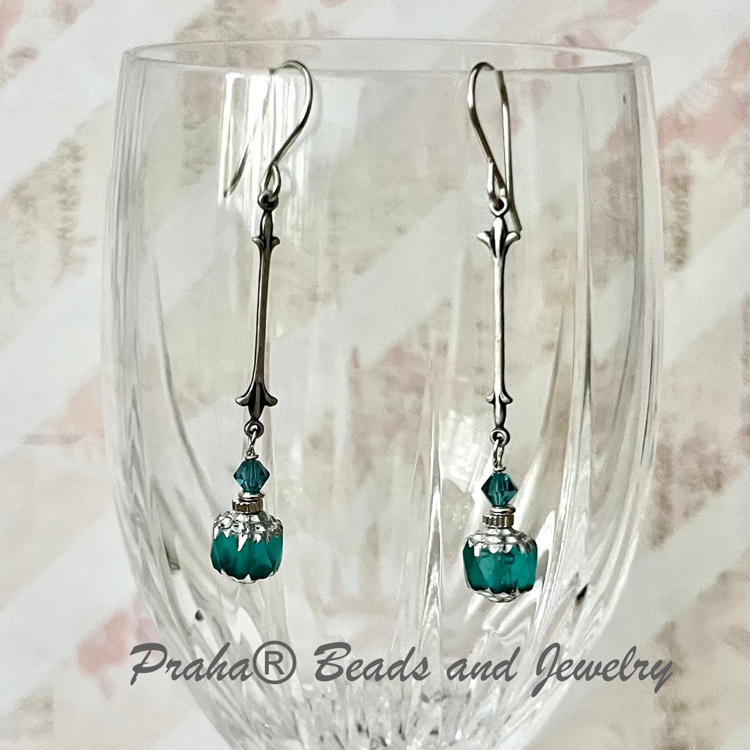 Czech Glass Caribbean Blue Cathedral Earrings in Sterling Silver