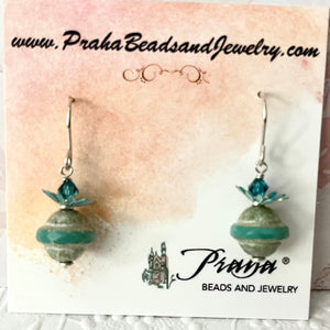 Czech Glass Seafoam Green Saturn Earrings in Sterling Silver