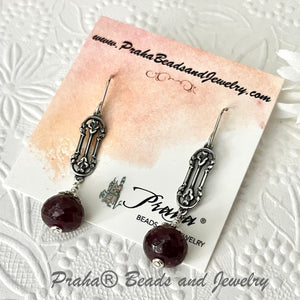 Raw Ruby Rondell and Floral Rosebud Link Earrings in Sterling Silver