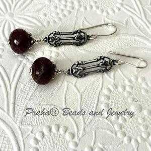 Raw Ruby Rondell and Floral Rosebud Link Earrings in Sterling Silver