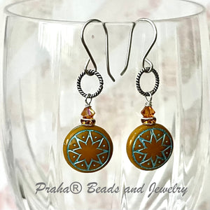 Czech Glass Orange and Blue Ishtar Earrings in Sterling Silver