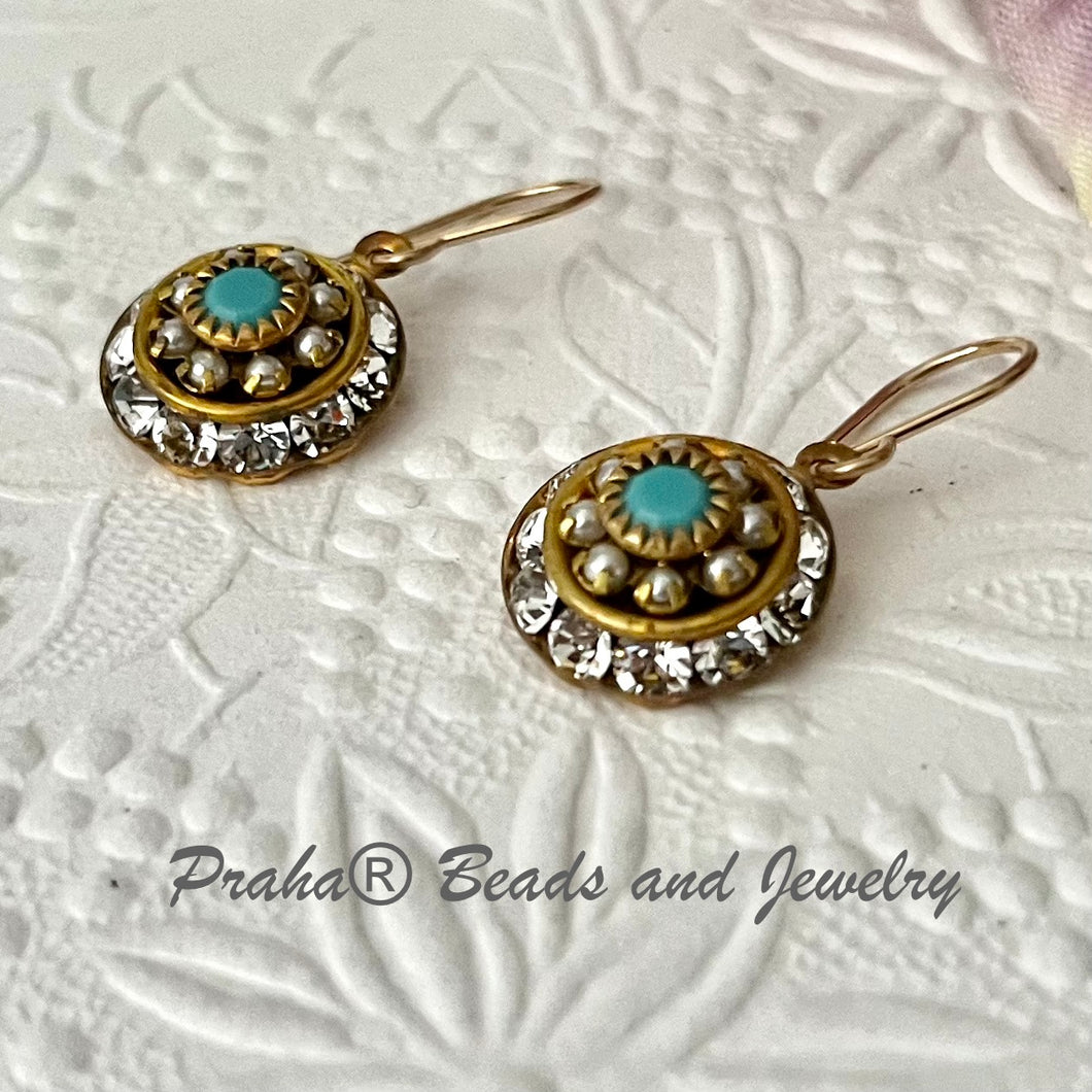 Vintage Three Layer Swarovski Crystal Filigree Earrings in Turquoise, Crystal and Pearl, Mixed Metal