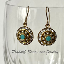 Load image into Gallery viewer, Vintage Three Layer Swarovski Crystal Filigree Earrings in Turquoise, Crystal and Pearl, Mixed Metal
