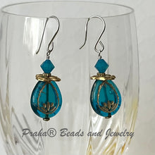 Load image into Gallery viewer, Czech Glass Caribbean Blue Lotus Earrings, Mixed Metal
