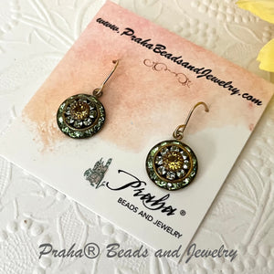 Vintage Three Layer Swarovski Crystal Filigree Earrings in Light Green and Topaz, Mixed Metal