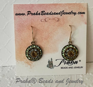 Vintage Three Layer Swarovski Crystal Filigree Earrings in Light Green and Topaz, Mixed Metal