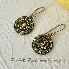 Load image into Gallery viewer, Vintage Three Layer Swarovski Crystal Filigree Earrings in Light Green and Topaz, Mixed Metal
