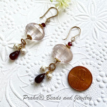Load image into Gallery viewer, Rose Quartz Nugget, Garnet and Freshwater Pearl Earrings in 14K Gold Fill

