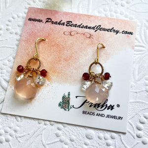 Pink Chalcedony, Garnet and White Topaz Cluster Earrings in 14K Gold Fill