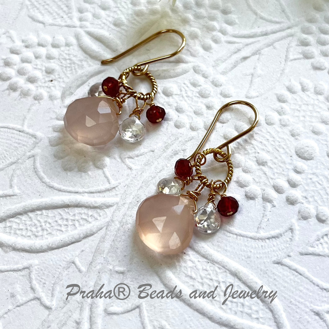 Pink Chalcedony, Garnet and White Topaz Cluster Earrings in 14K Gold Fill