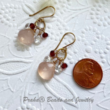 Load image into Gallery viewer, Pink Chalcedony, Garnet and White Topaz Cluster Earrings in 14K Gold Fill
