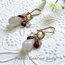 Load image into Gallery viewer, Moonstone, Garnet and White Topaz Briollet Earrings in 14K Gold Fill
