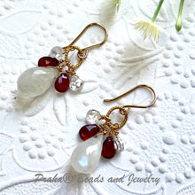 Load image into Gallery viewer, Moonstone, Garnet and White Topaz Briollet Earrings in 14K Gold Fill
