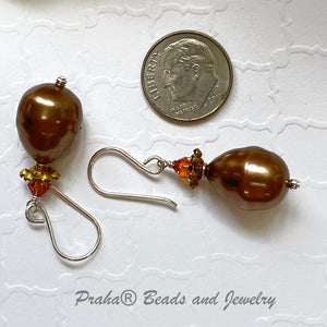 Shell "Pearl" Bronze Teardrop and Swarovski Crystal Drop Earrings in Sterling Silver