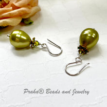Load image into Gallery viewer, Shell &quot;Pearl&quot; Green Teardrop and Swarovski Crystal Drop Earrings in Sterling Silver
