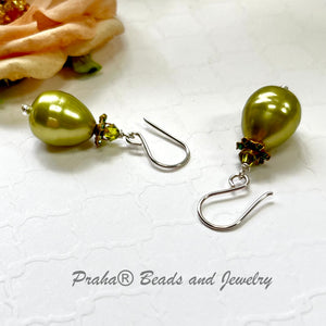 Shell "Pearl" Green Teardrop and Swarovski Crystal Drop Earrings in Sterling Silver