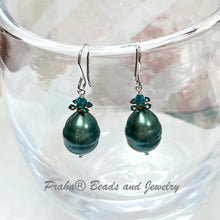 Load image into Gallery viewer, Shell &quot;Pearl&quot; Teal Teardrop and Swarovski Crystal Drop Earrings in Sterling Silver
