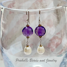 Load image into Gallery viewer, Amethyst and Freshwater Pearl Earrings in Sterling Silver
