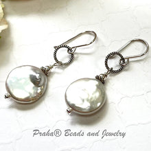 Load image into Gallery viewer, White Freshwater Coin Pearl Earrings in Sterling Silver
