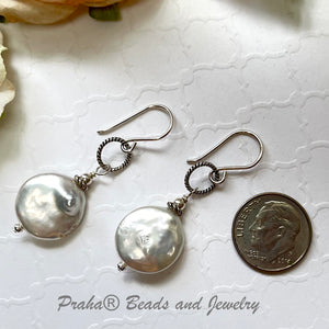 White Freshwater Coin Pearl Earrings in Sterling Silver